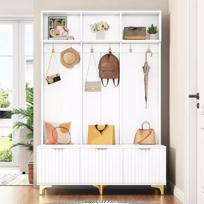 Hall Tree, Entryway Storage Bench with Convenient Bench, 3 Shelves, Shoe Storage Compartments, Coat Rack with 6 Hooks