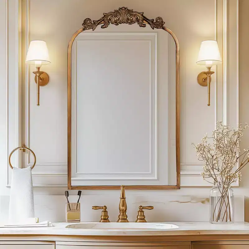 USHOWER 19x31 Gold Anthropologie Vintage Mirror for Wall, Antique Baroque Mirror with Ornate Frame, Gold Arched Brass Design, Bathroom, Fireplace