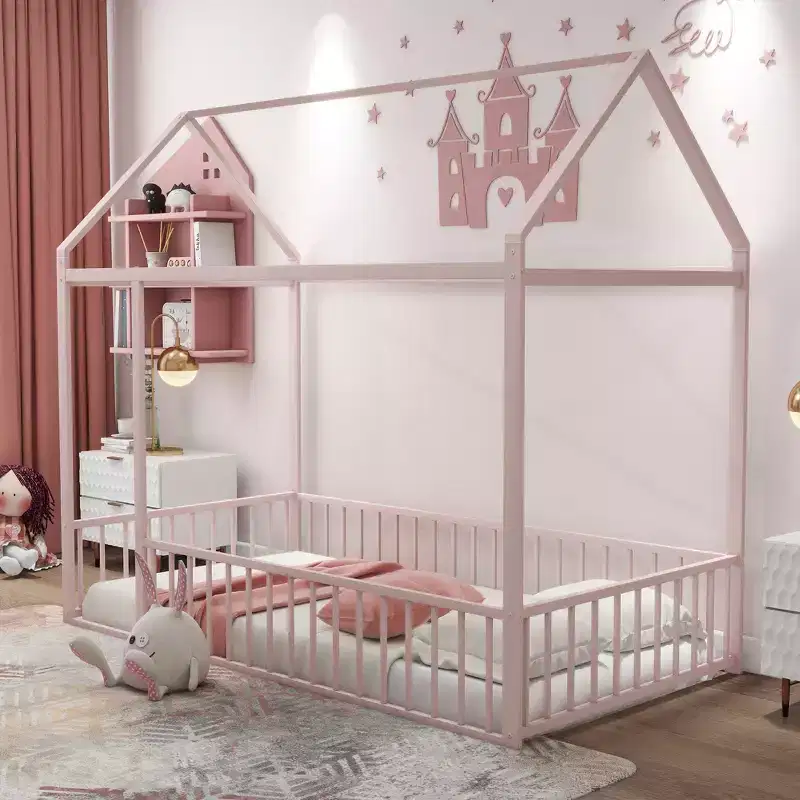 Twin Metal House Bed Frame with Fence, Low Profile Kids & Teen Bed Frame