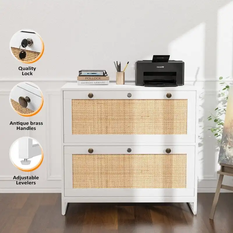 File Cabinet Lateral 2-Drawer Wood Rattan with Lock for Home Office