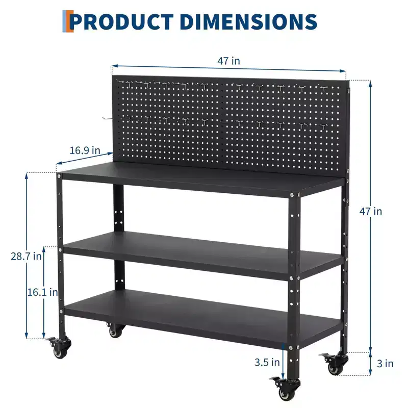 Workbench with Pegboard, Steel Frame Work Table w/ Storage Shelves for Garage & Workshop