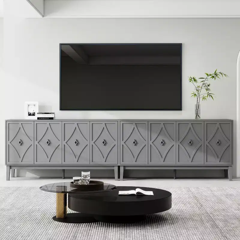 GDFStudio Surachai Modern Wooden Sideboard Buffet Cabinet with 4 Hand-Carved Geometric Doors and Adjustable Shelves