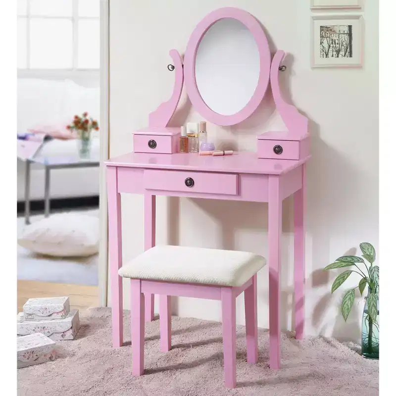 Contemporary Makeup Vanity Desk with Mirror, 3 Drawers, Matching Stool for Bedroom, Pink Finish, Space-Saving Design