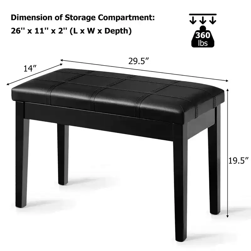 Costway Solid Wood PU Leather Piano Bench Padded Double Duet Keyboard Seat Storage Black