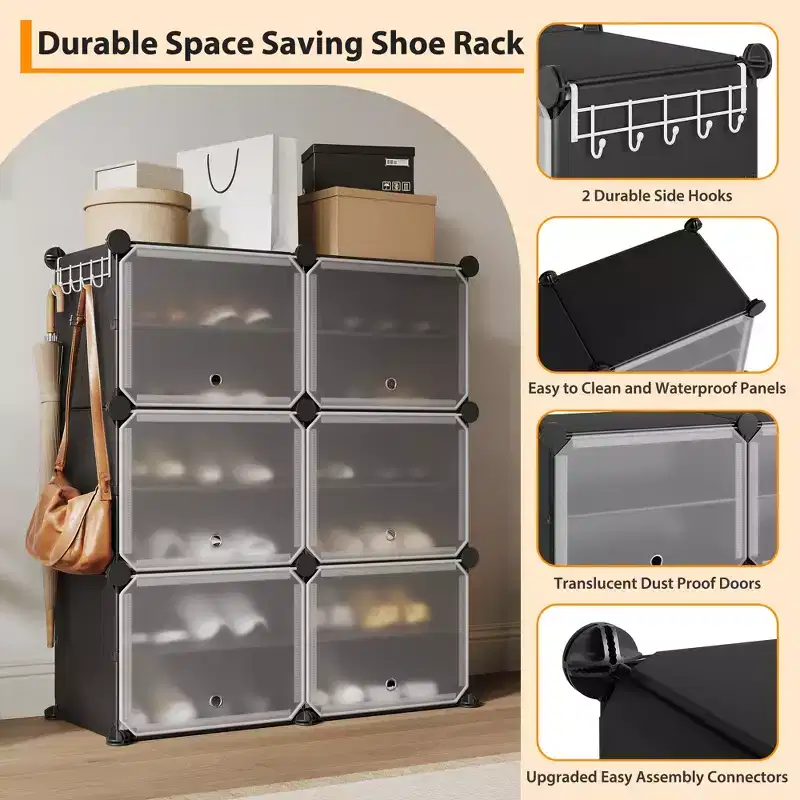 6-Tier Double Row Shoe Rack Organizer with Hooks, Freestanding 12-Cubby Footwear Storage Shelf Unit for Closet Entryway & Bedroom, Black