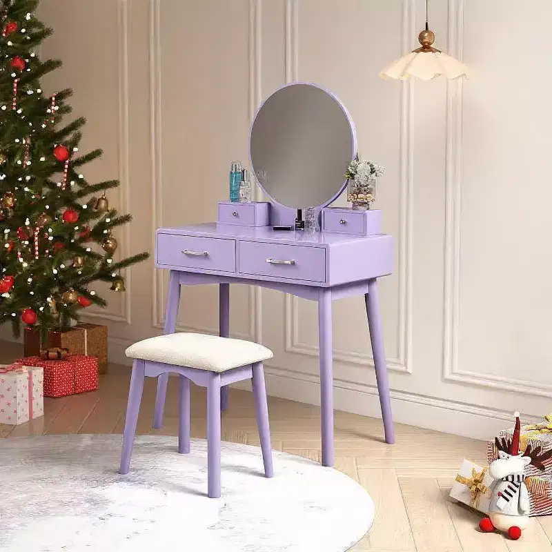 Modern Makeup Vanity Desk with Round Mirror, Organized Storage, Matching Stool for Bedroom, Purple Finish, Space-Saving Design