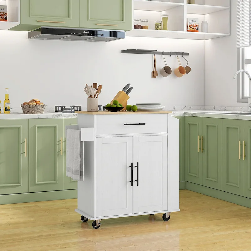 Rolling Kitchen Island with Storage, AC Outlets and USB Ports