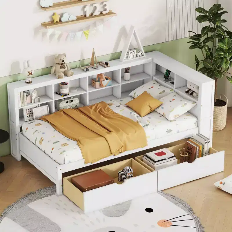 MAYEERTY Twin Size Bed with 2 Drawers Storage Shelf Ports for Bedroom White