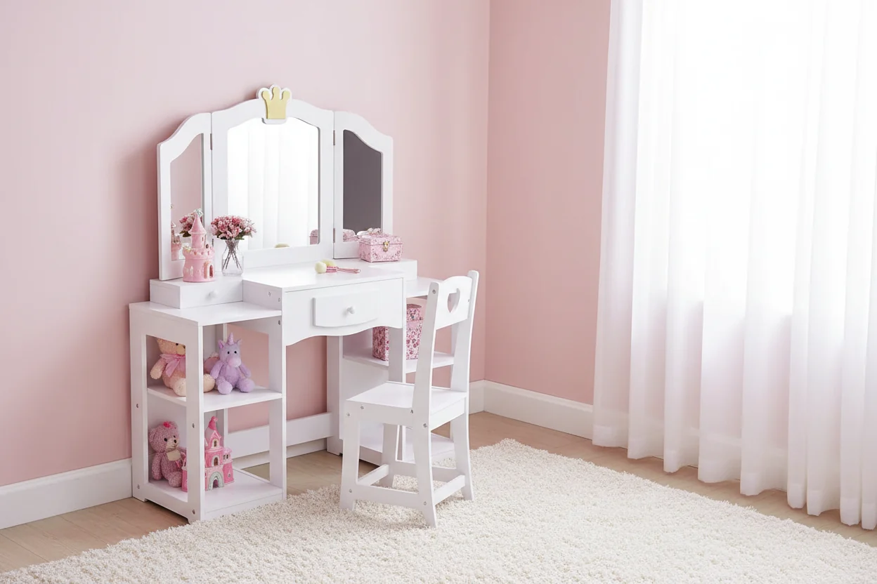 Karl Home Kids Vanity Table and Chair Set, 2 in 1 Girls Vanity Storage Cabinet w/Tri-Folding Mirror