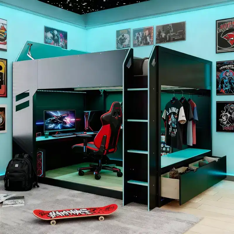 Loft Bed with Height-Adjustable Desk, RGB Lights and Storage, Full Size Space-Saving Bed
