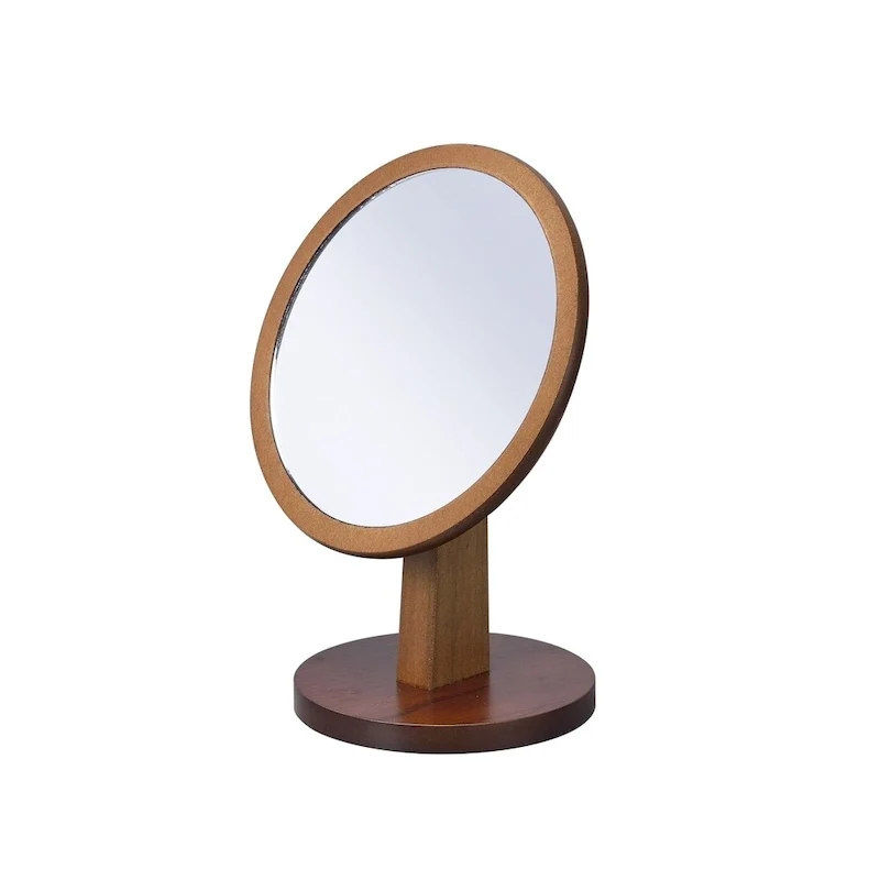 Round Walnut Frame Vanity Top Pedestal Mirror - Brown