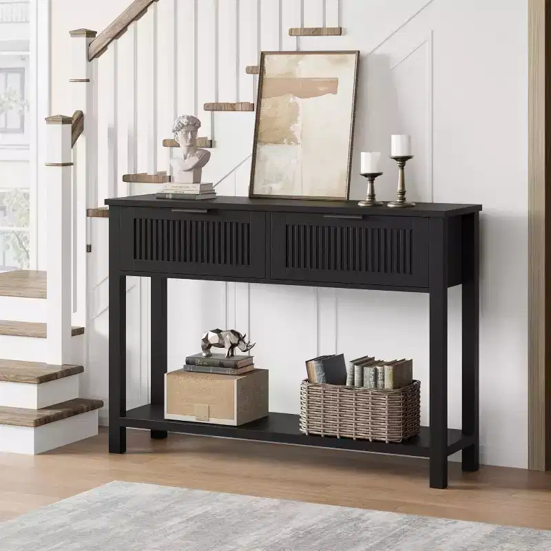 Modern Fluted Console Table with 2 Drawers  Narrow wooden side table, 2-tier, plenty of storage space,for living room, hallway & entrance