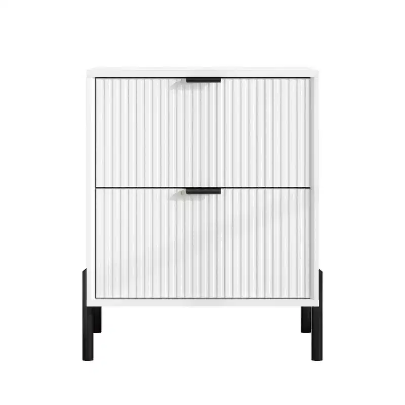 2 Drawer Nightstand Off-White: Scandinavian Style, Modern Square Shape, MDF Construction