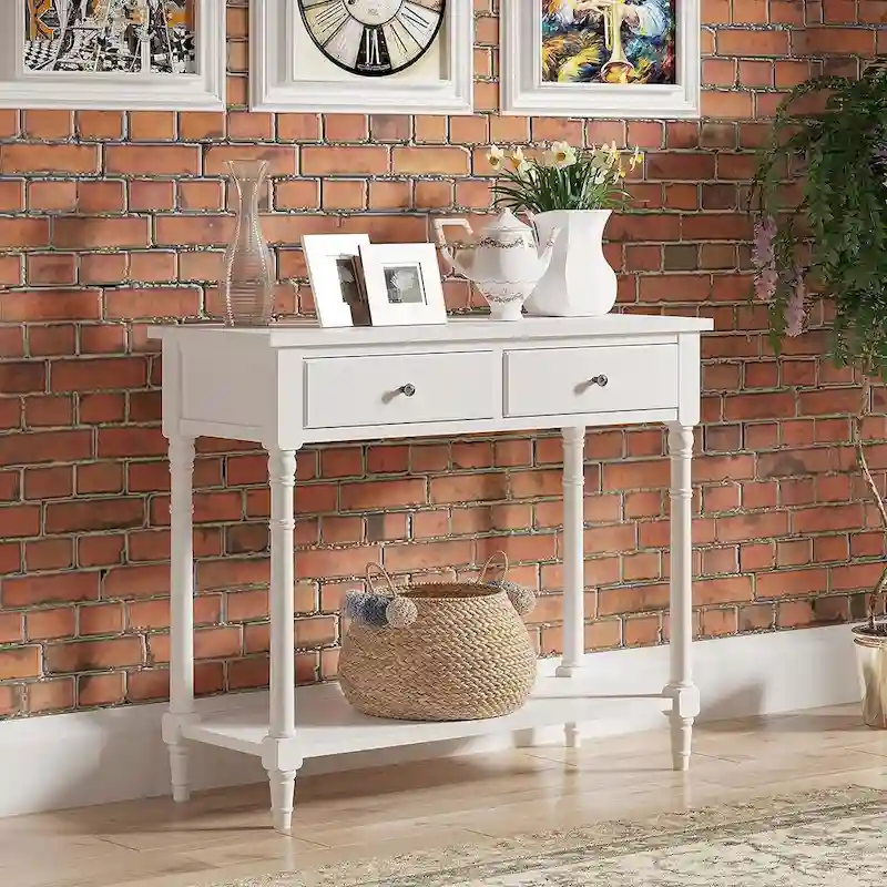 Console Table with 2 Drawers & Bottom Shelf – Blue / White / Walnut / Black / Dark Walnut, Solid Rubberwood, Single