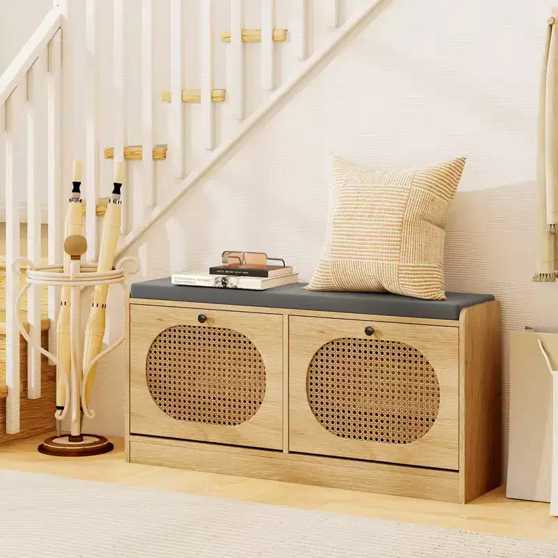 Costway Shoe Storage Bench with Cushion 2 Flip-over Doors & Adjustable Shelves