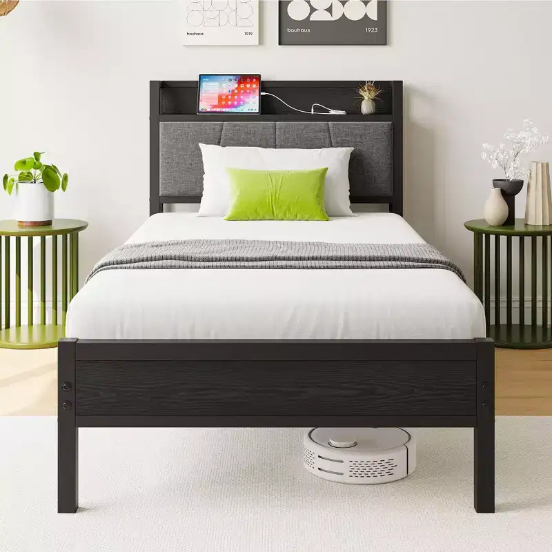 Okak Twin Size Bed Frame with Solid Storage Headboard, Platform Bed with Storage Headboard with Charging Station for Bedroom, Black
