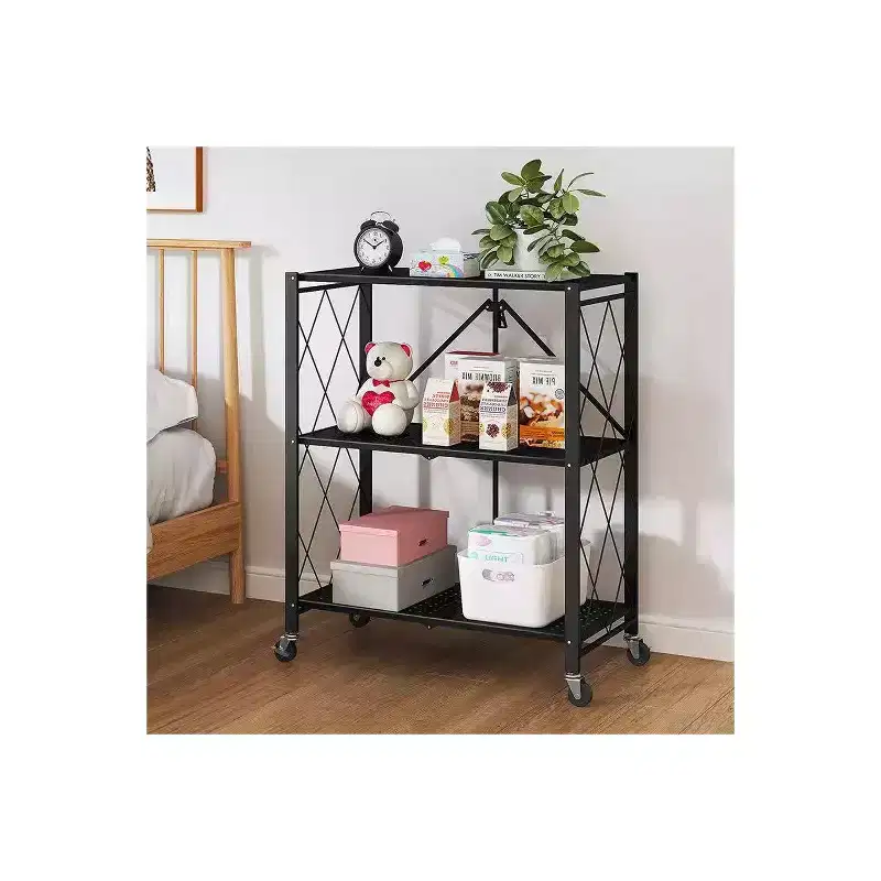 Foldable Storage Shelf with Wheels - Metal Collapsible Shelving Unit, Rolling Cart for Books & Kitchen