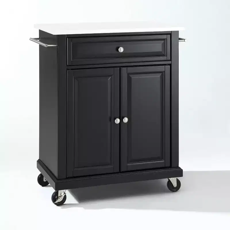 Compact Granite Top Kitchen Cart Black/White - Crosley: Solid Wood, Adjustable Shelf, Towel Bar