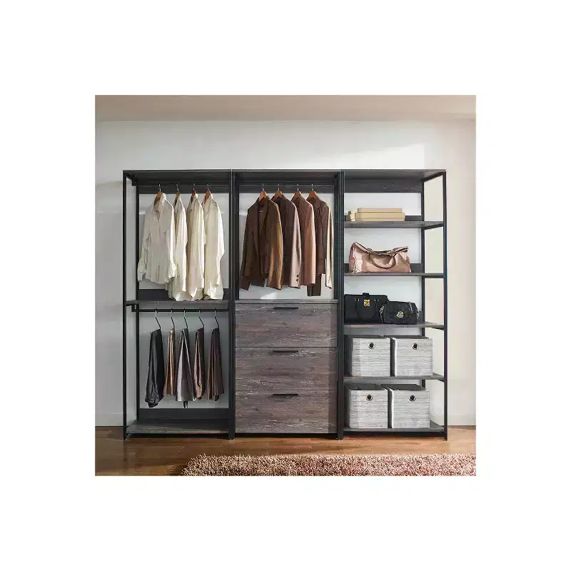 HomeStock 77.7 in.H x 96 in.W Black Wood Composite Closet System for Universal Storage with Storage Bins
