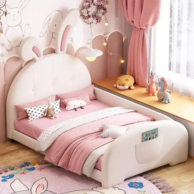 Twin Upholstered Rabbit Princess Bed, Platform Bed with Headboard and Footboard, White