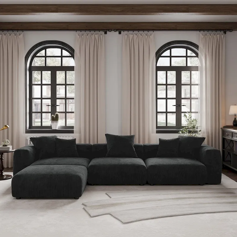 Modern Sectional Couch Sofa with 5 Pillows, Luxurious Modular Sectional Couch with Chaise Ottoman