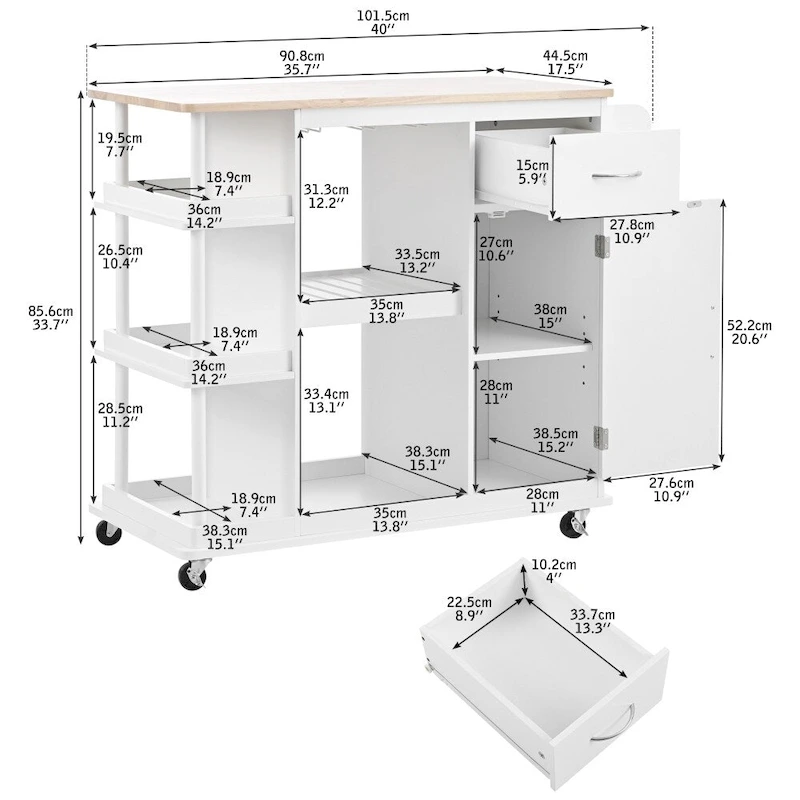 Rubber Wood Kitchen Cart with Adjustable Shelves and Wine Rack
