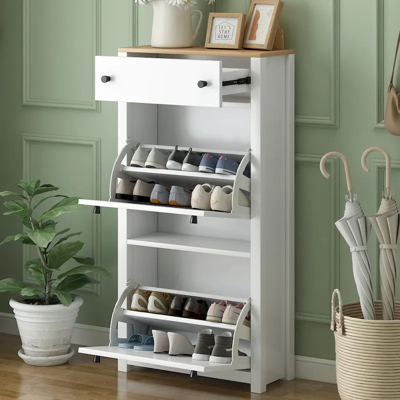 Entryway Organizer with 2 Flip Drawers, Wood Grain Pattern Top Shoe Cabinet with Drawer, Shoe Rack with Adjustable Panel