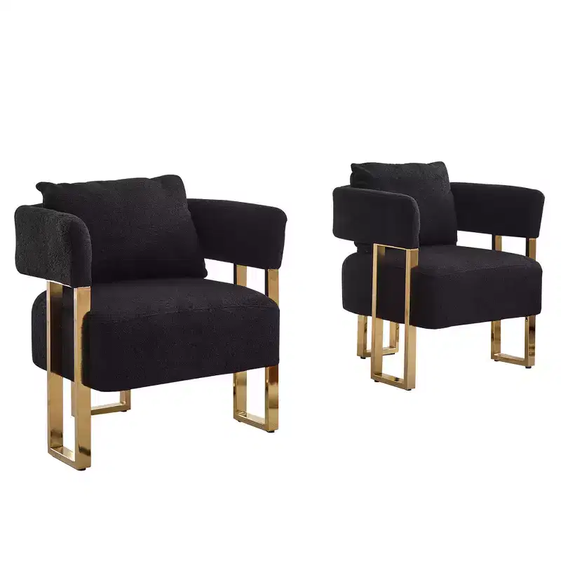 Modern Accent Chairs Set of 2, Teddy Fleece Upholstered with Gold Metal Legs