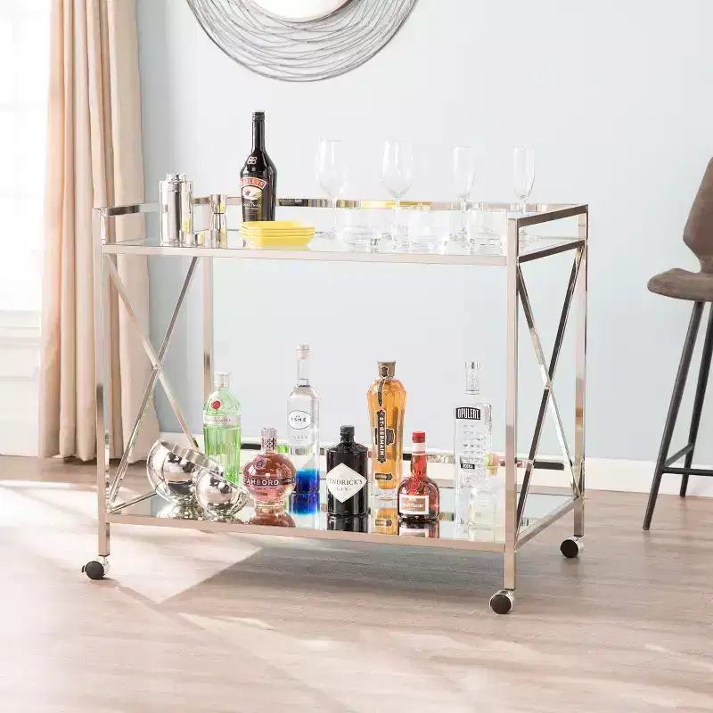 Modern Bar Cart with Wheels, Silver & Charcoal, Home Entertaining