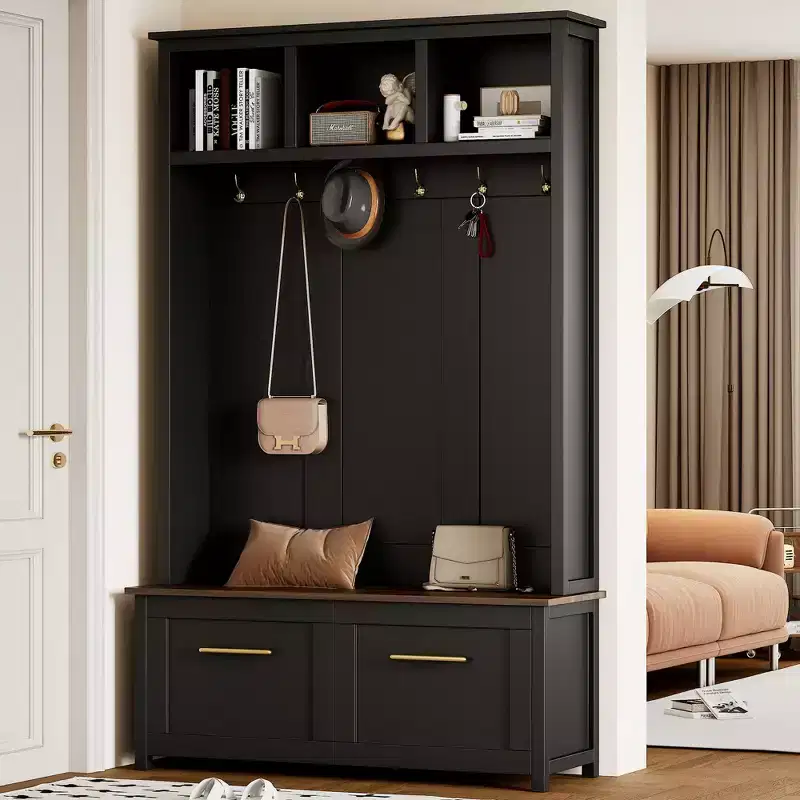 CLIHOME Versatile 4-in-1 Hall Tree with 6 Golden Hooks, Wood Grain Bench with Multiple Storage Space, Entryway Coat Rack with 2 Drawers