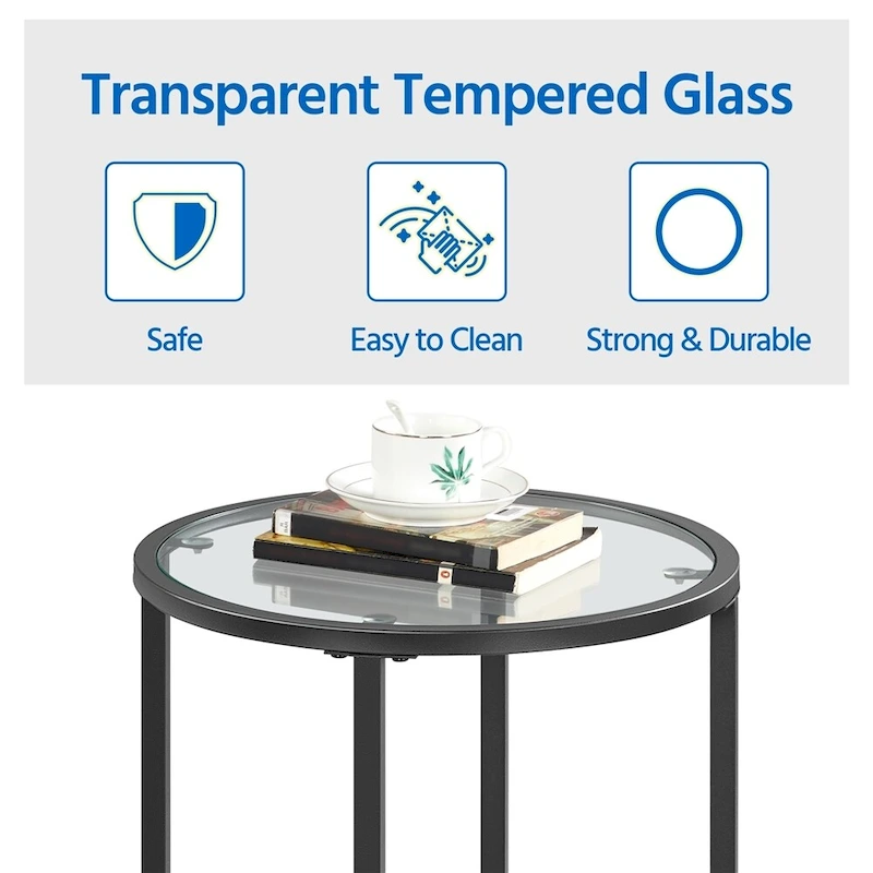 Yaheetech Round Accent Table Bedside Table with Metal Frame Glass Top