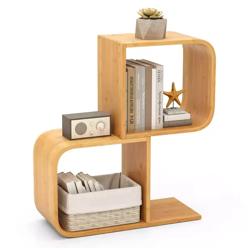 Costway Bamboo Geometric Bookshelf 2-Tier S-Shaped Bookcase w/ Anti-tipping Device