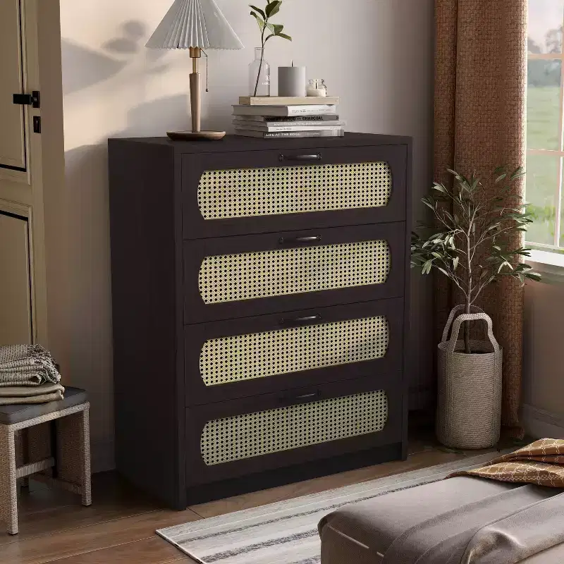 Transitional Faux Rattan Webbed 4-Drawer Chest, Espresso