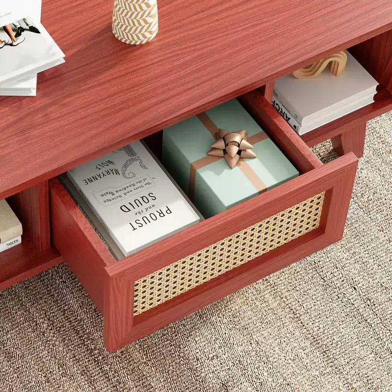 Okak Mid Century 2-Tier Wooden Coffee Table with Storage Rattan Drawer & Open Shelf,Farmhouse Tea Table Center Table for Living Room,Bedroom