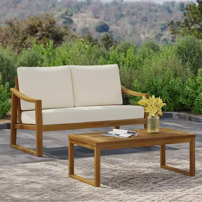 Christopher Knight Home Samwell Outdoor Acacia Wood Loveseat and Coffee Table Set with Sloped Arms