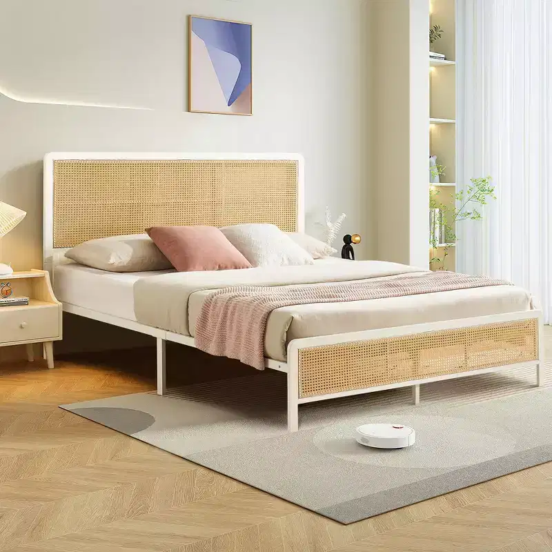 Rattan Platform Bed Frame with Led Light Headboard, Boho Bed Frames with Sturdy Steel Slat Support