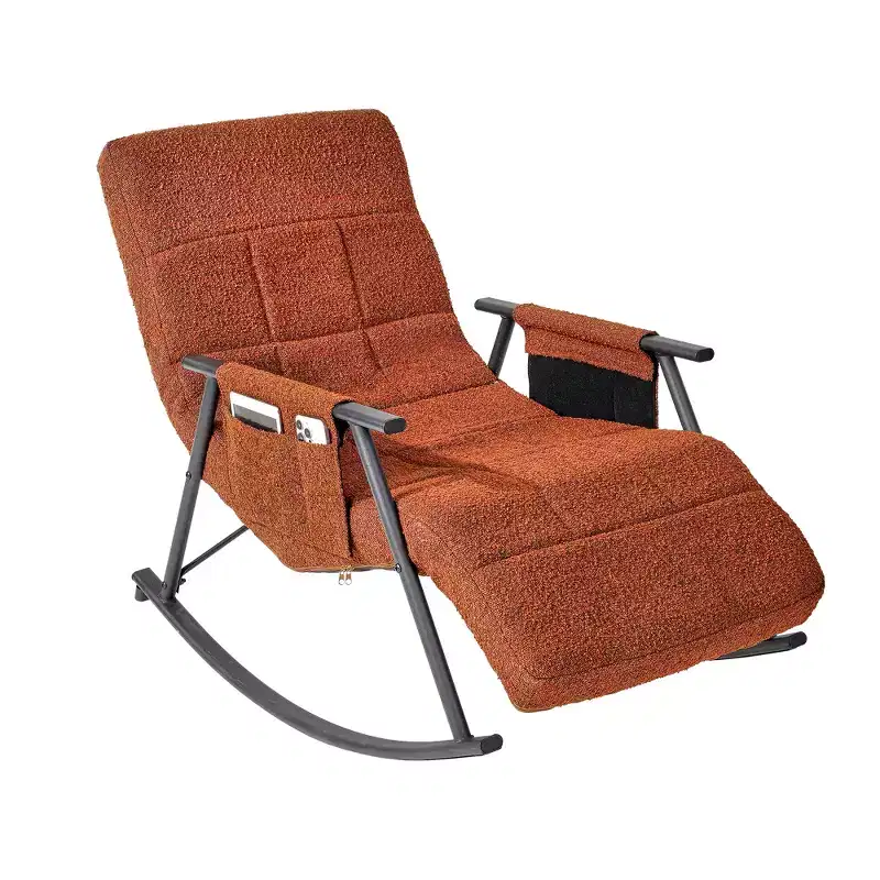 Upholstered Teddy Fabric Rocking Chair, Modern Reclining Glider Rocker Recliner with Adjustable Headrest, Removable Side Pockets