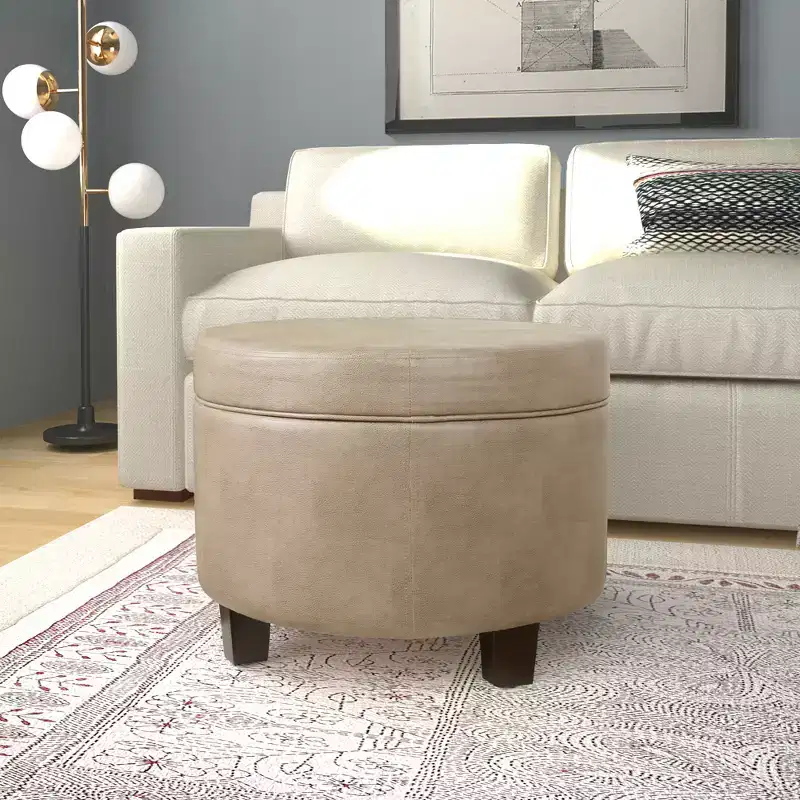 Round Faux Leather Storage Ottoman Taupe - HomePop