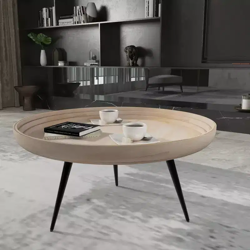 Coffee Table Round Tray Top Handcrafted Washed White Mango Wood, 30 Inch