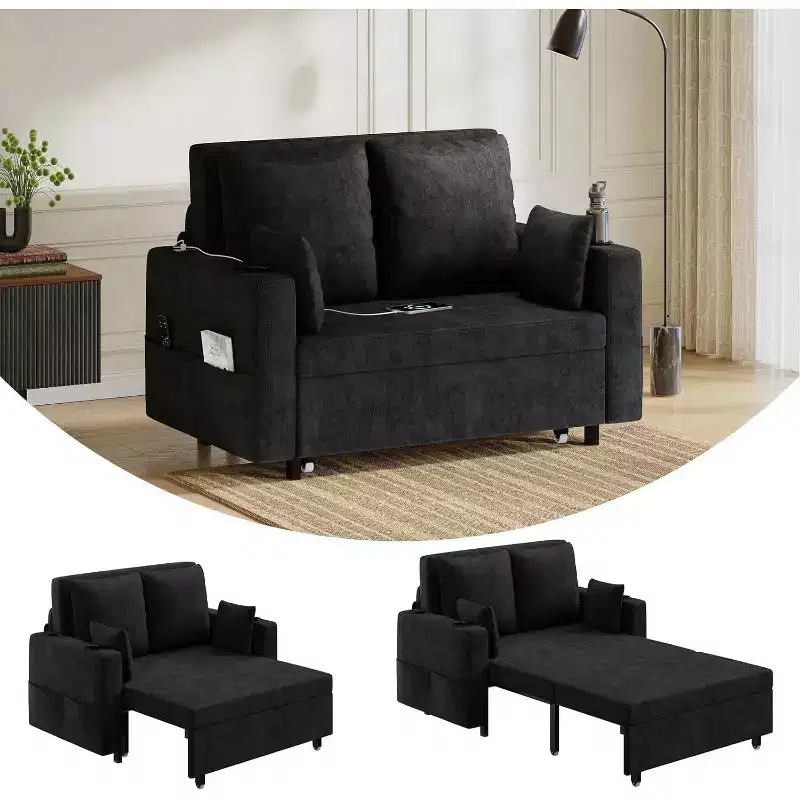 Convertible Sofa Bed,56 Inch Pull Out Couch,Loveseat Sleeper Sofa Bed with 4 Pillows,USB Charging, Cup Holder,Side Pockets for Living Room, Bedroom