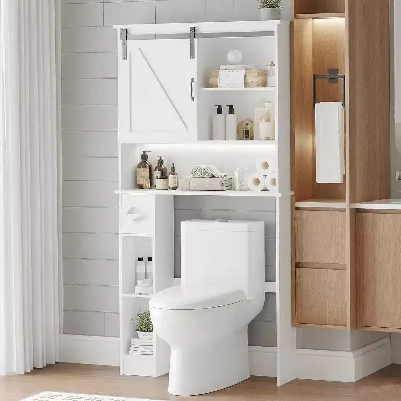 Over The Toilet Storage Cabinet with Barn Doors Bathroom Stand Over Toilet with Tissue Hook and Adjustable Shelves,White