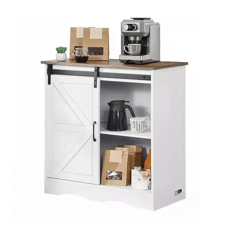 Coffee Bar Cabinet, 31.5 x 13.8 x 31.5 in Farmhouse Coffee Bar Cabinet with 3-Tier Storage, Coffee Bar Table with Barn Door, White