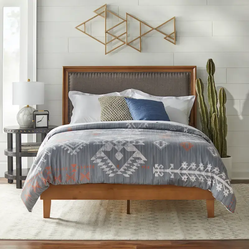 Upholstered Queen Platform Bed with Padded Headboard & Nailhead Trim – No Box Spring Needed