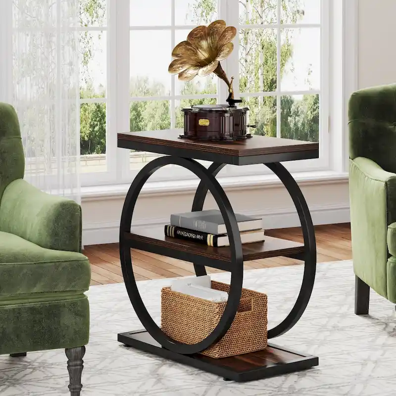 Narrow End Table with 3 Storage Shelves, Wood Side Table for Living Room