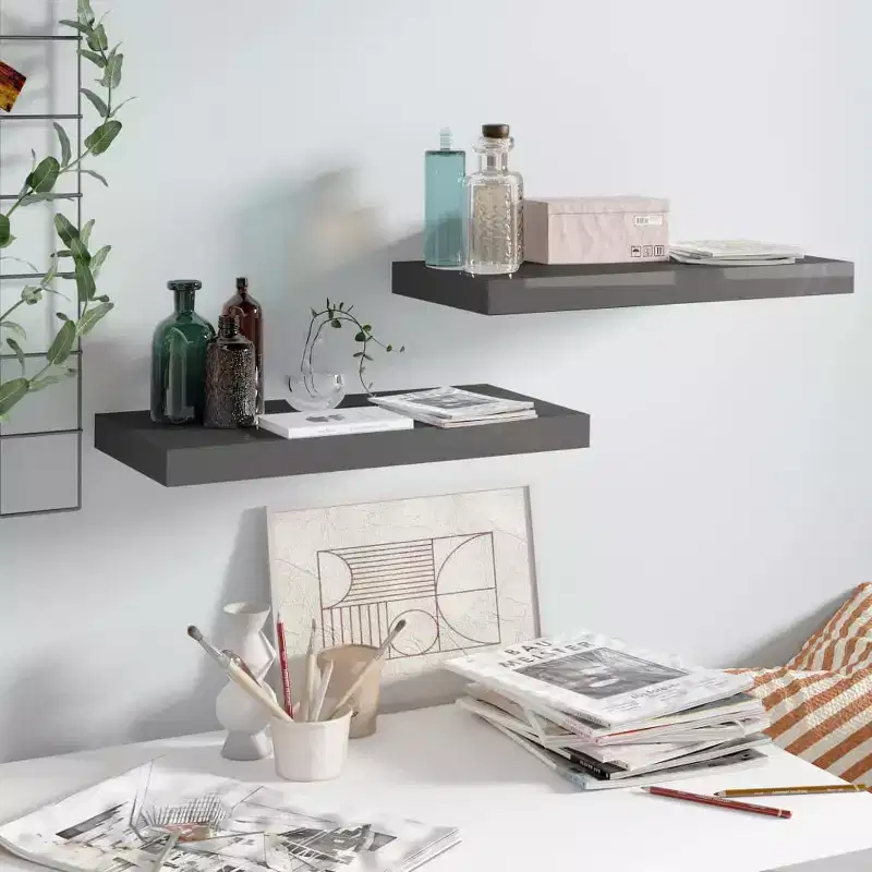 Wall Shelf Set of 2 High gloss grey Honeycomb MDF, metal