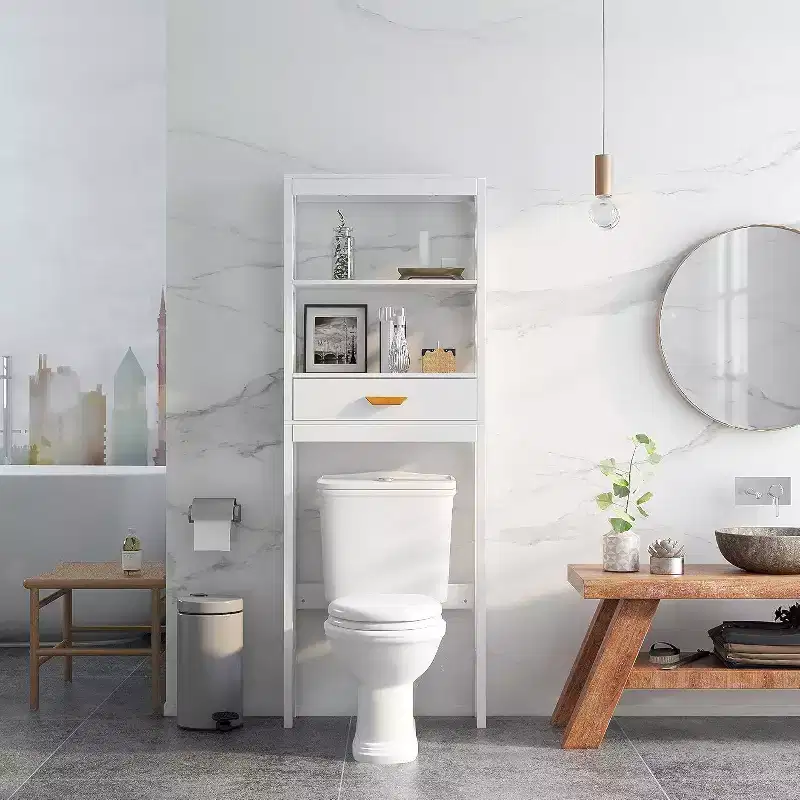 Bathroom Over The Toilet Storage Cabinet, Freestanding Above Toilet Space Saver Organizer with 1 Drawer and 2 Open Shelves, White
