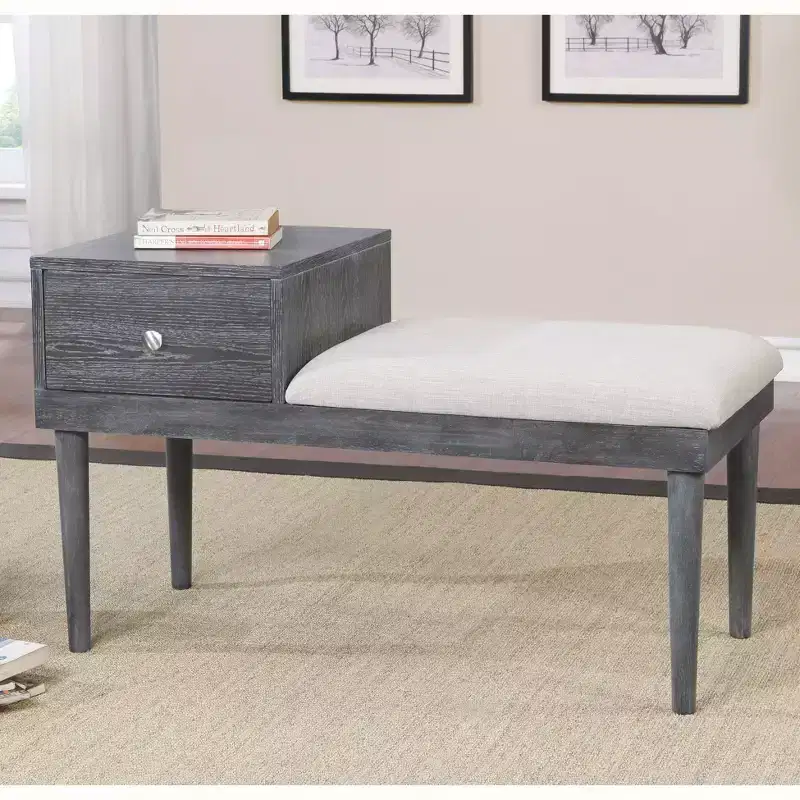 Mid-Century Modern Storage Bench with Drawer – Weathered Gray