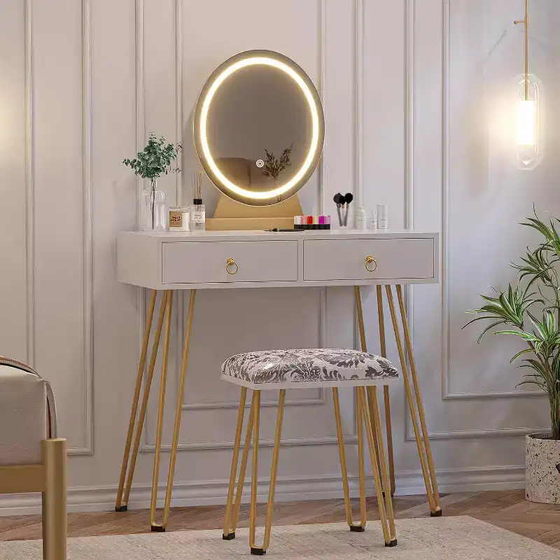 Makeup Vanity Table Set with Lighted Mirror & Cushioned Stool, 2 Drawers White and Gold