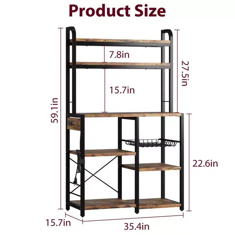 COZONY 5-Tier Bakers Rack w/ Wire Basket, Microwave Stand w/ Power Outlets & Open Kitchen Shelving