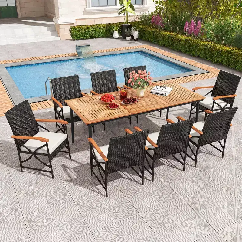 Costway 9 PCS Patio Dining Set with 1.9 Umbrella Hole X-frame Armrests Seat Cushions